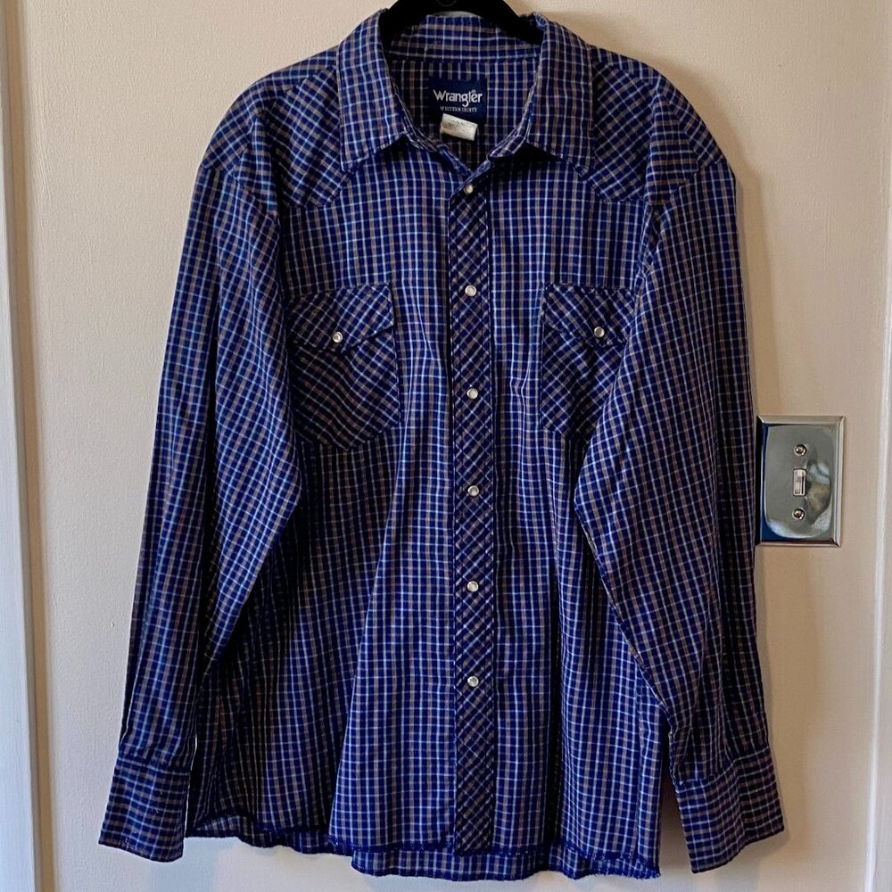 Wrangler Western Shirts XL Pearl Snap-button down Long-sleeve Shirt Blue Plaid